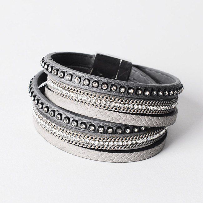 

False Leather Layered Rhinestoned Wrap Bracelet, Gray
