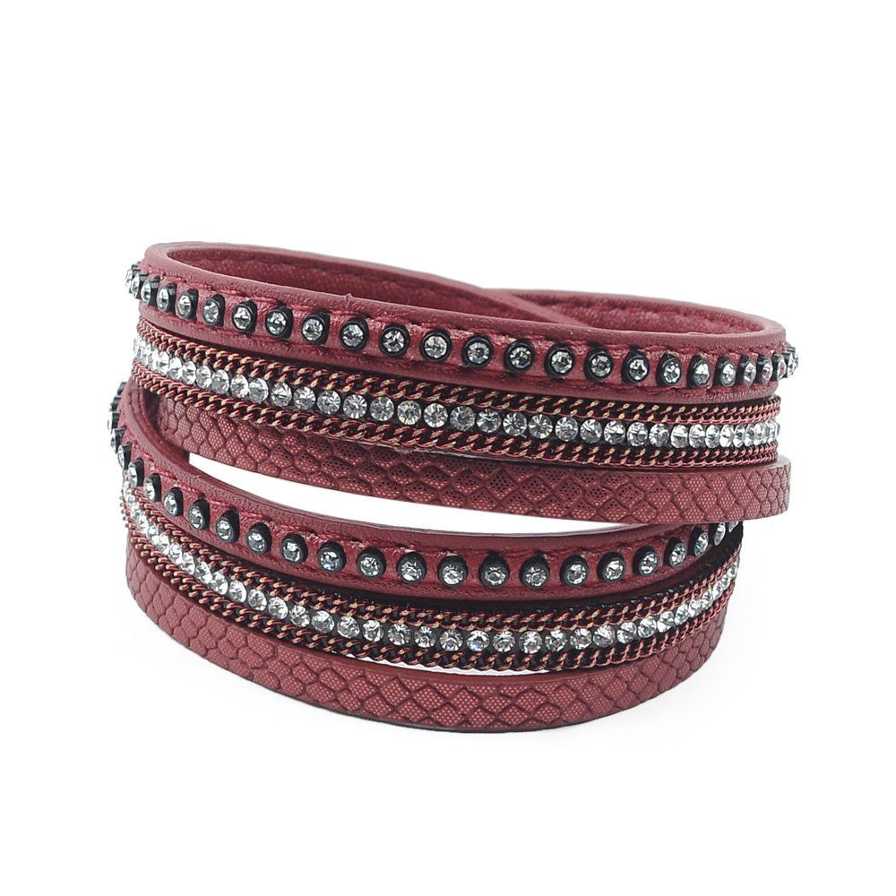 

False Leather Layered Rhinestoned Wrap Bracelet, Wine red