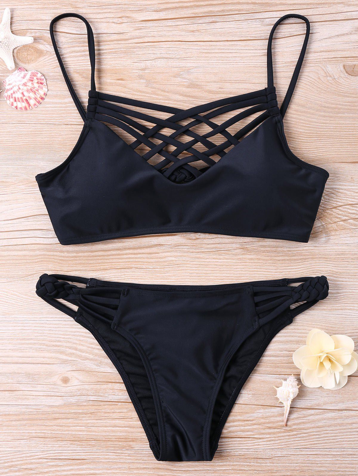 

Lattice Low Waist Strappy Bikini Set, Black
