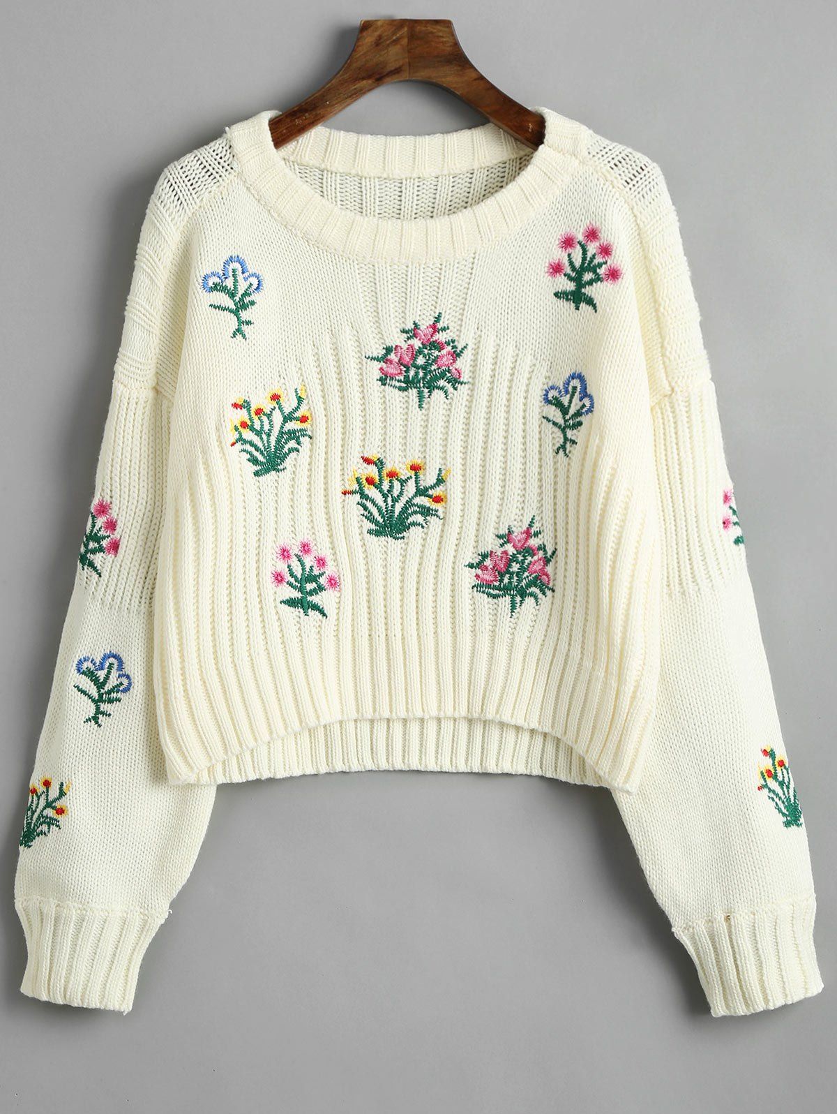 

Crew Neck Flower Patched Sweater, Beige