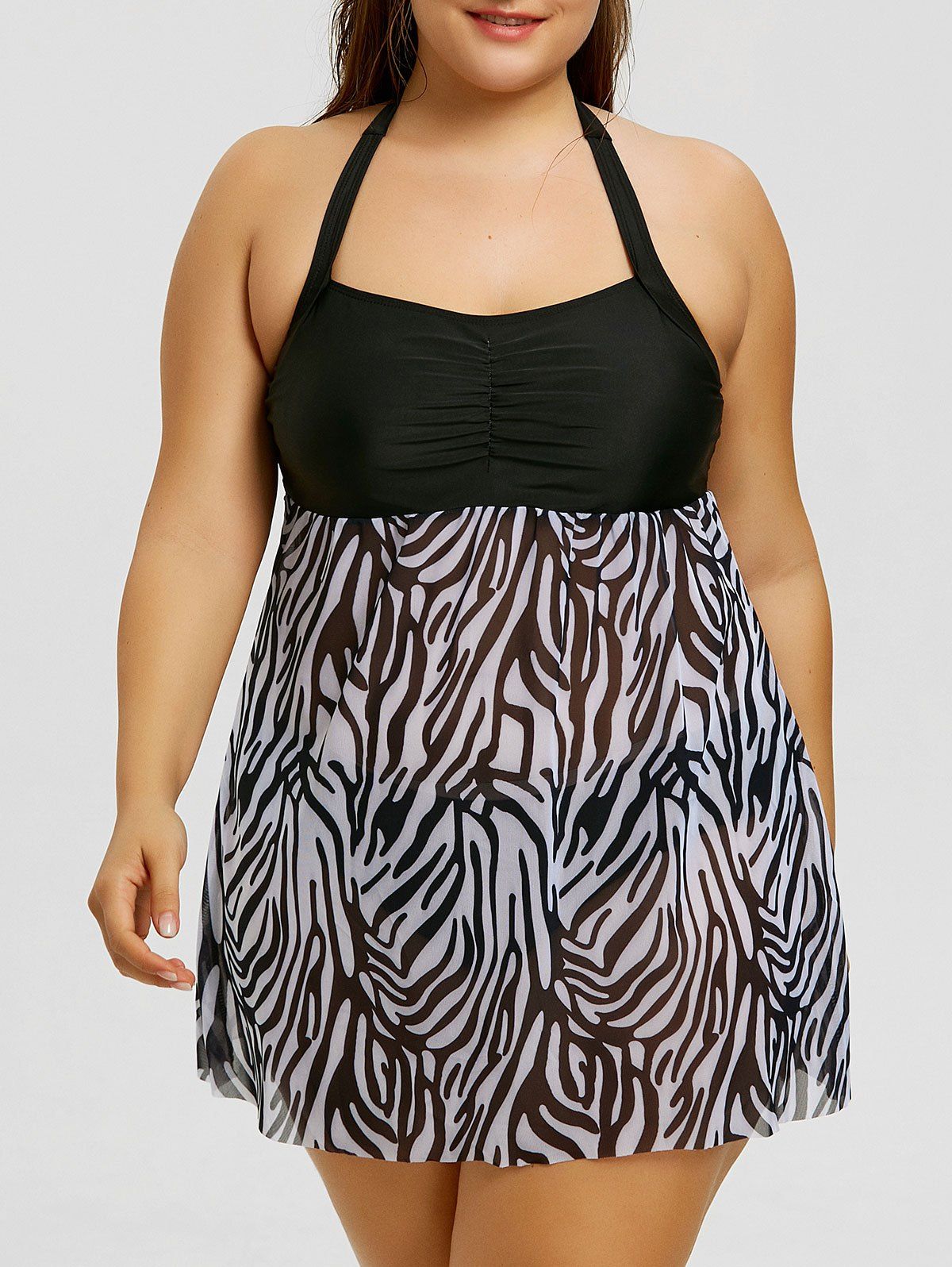 

Zebra Plus Size Semi Sheer Halter Tankini Swimsuit, Black