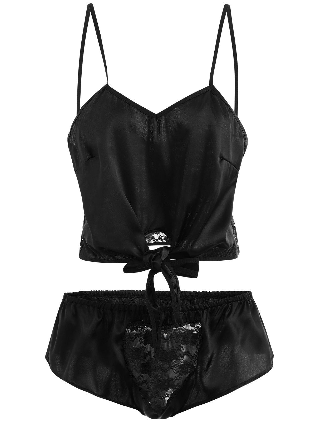 

Lace Panel Sheer Tied Lingerie Set, Black