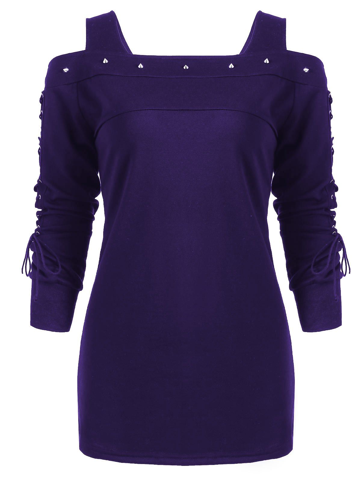 

Rivet Lace-up Long Sleeve Cold Shoulder T-shirt, Blue violet