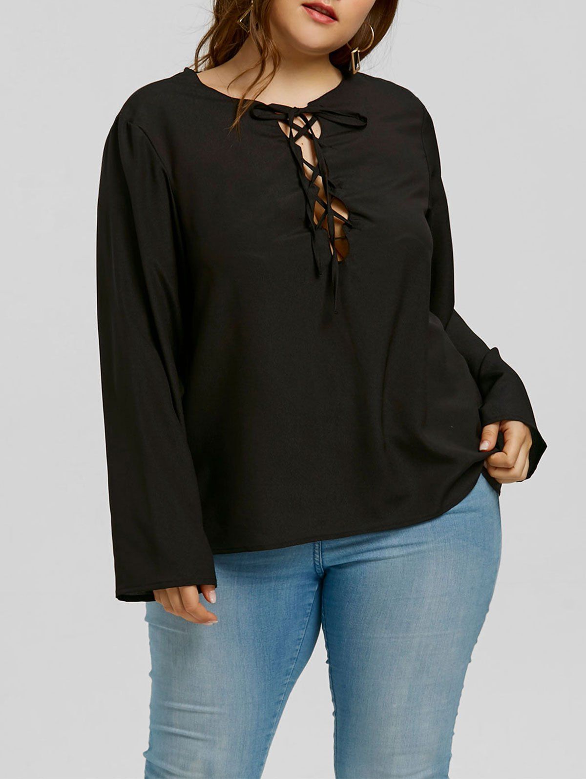 

Plus Size V-neck Lattice Blouse, Black