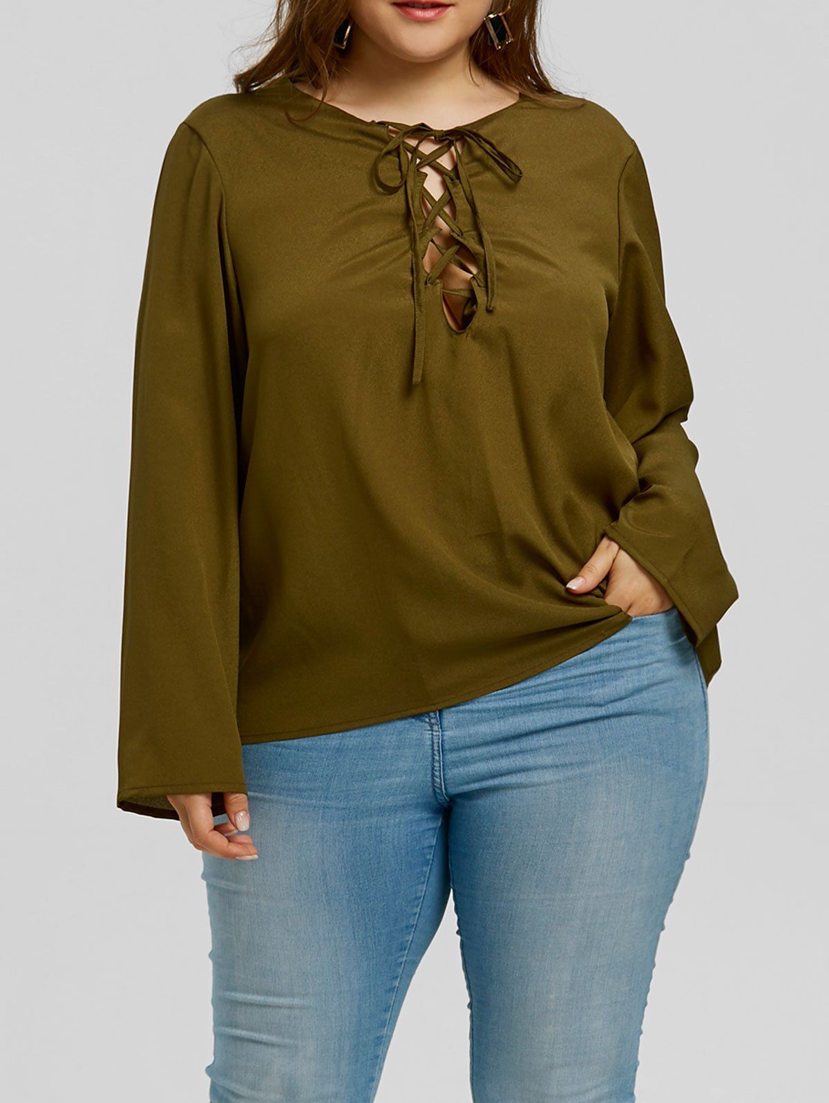 

Plus Size V-neck Lattice Blouse, Army green