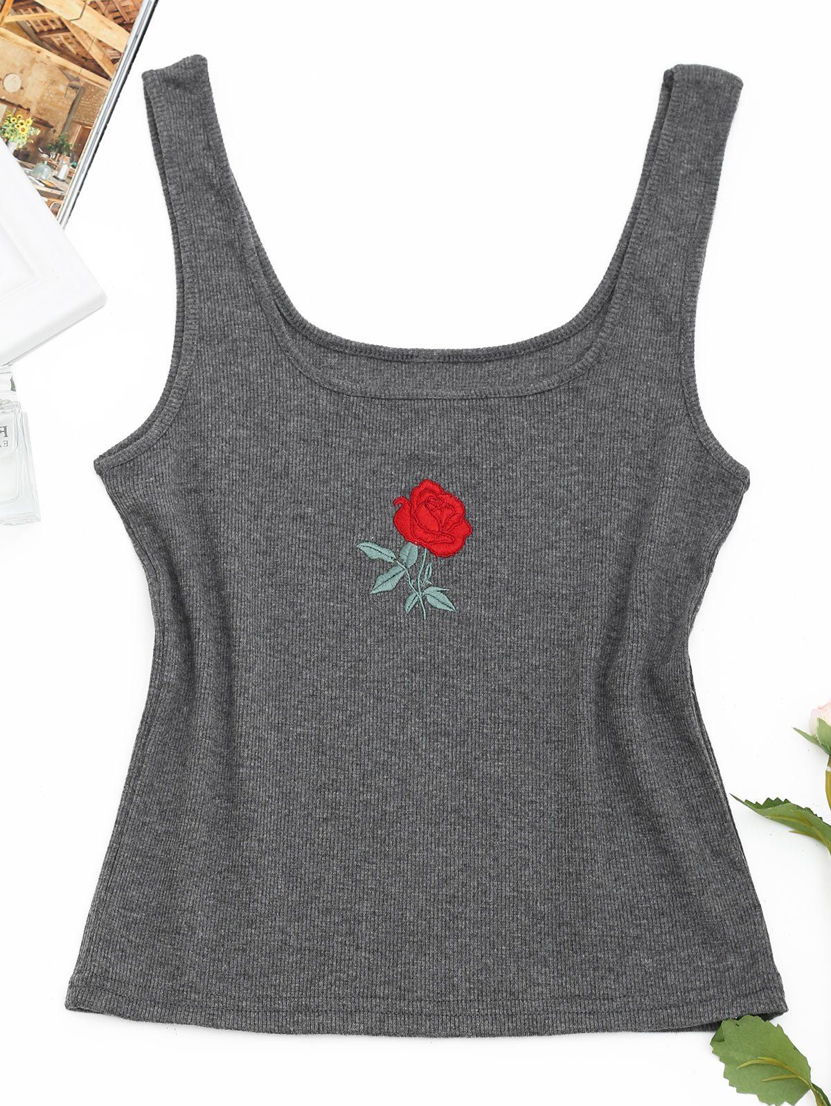 

Rose Embroidered Ribbed Knitted Tank Top, Dark gray
