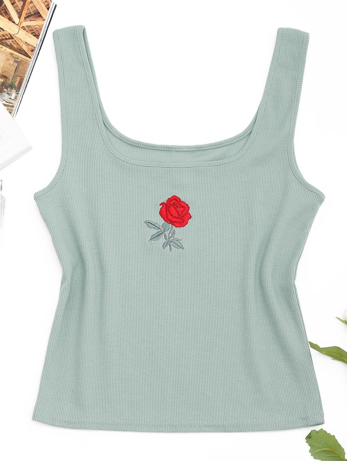 

Rose Embroidered Ribbed Knitted Tank Top, Light green