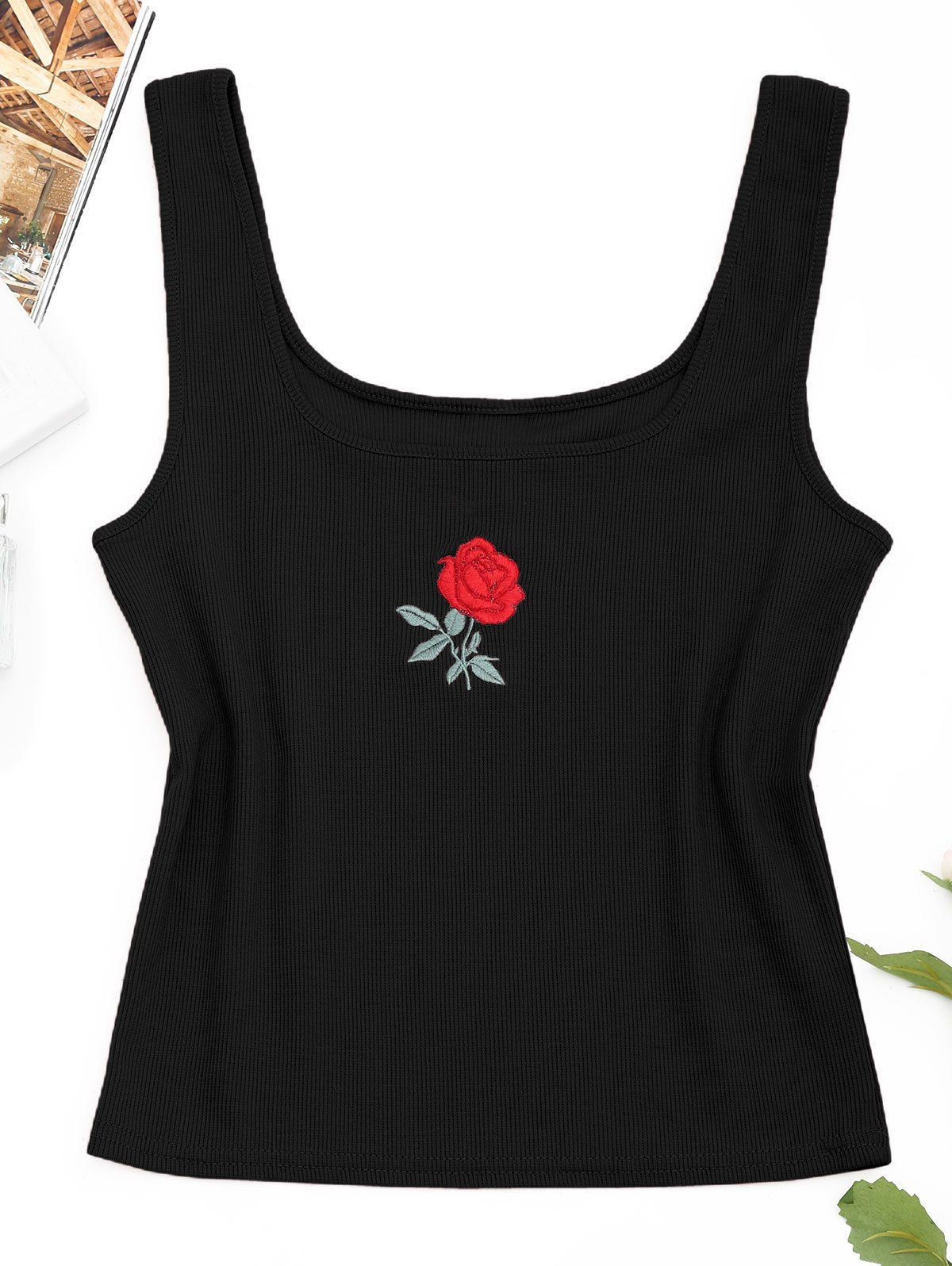 

Rose Embroidered Ribbed Knitted Tank Top, Black