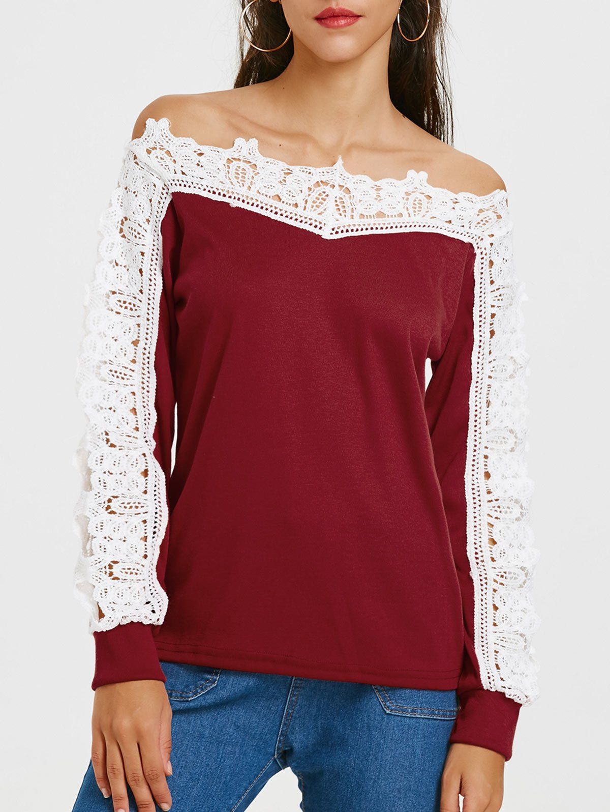Long Sleeve Openwork Lace Panel T-shirt - WINE RED S