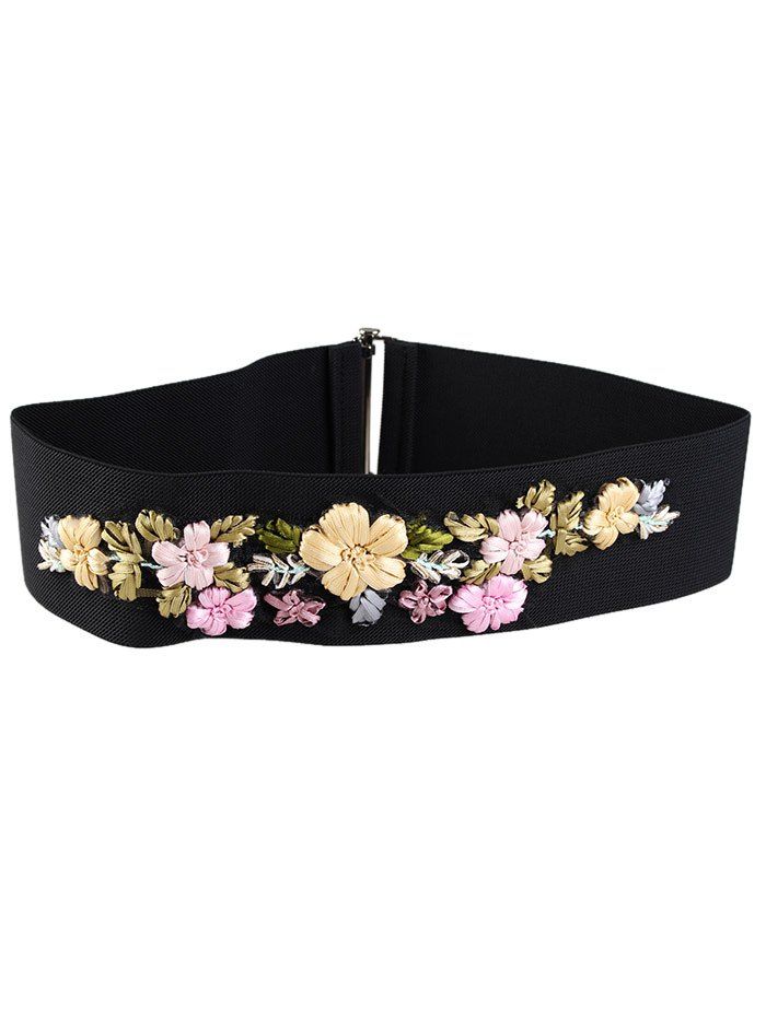

Vintage Rhinestone Floral Decoration Elastic Wide Waist Belt, Pink and yellow and green