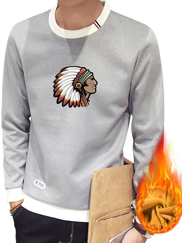 

Crew Neck Native American Printed Flocking Sweatshirt, Gray