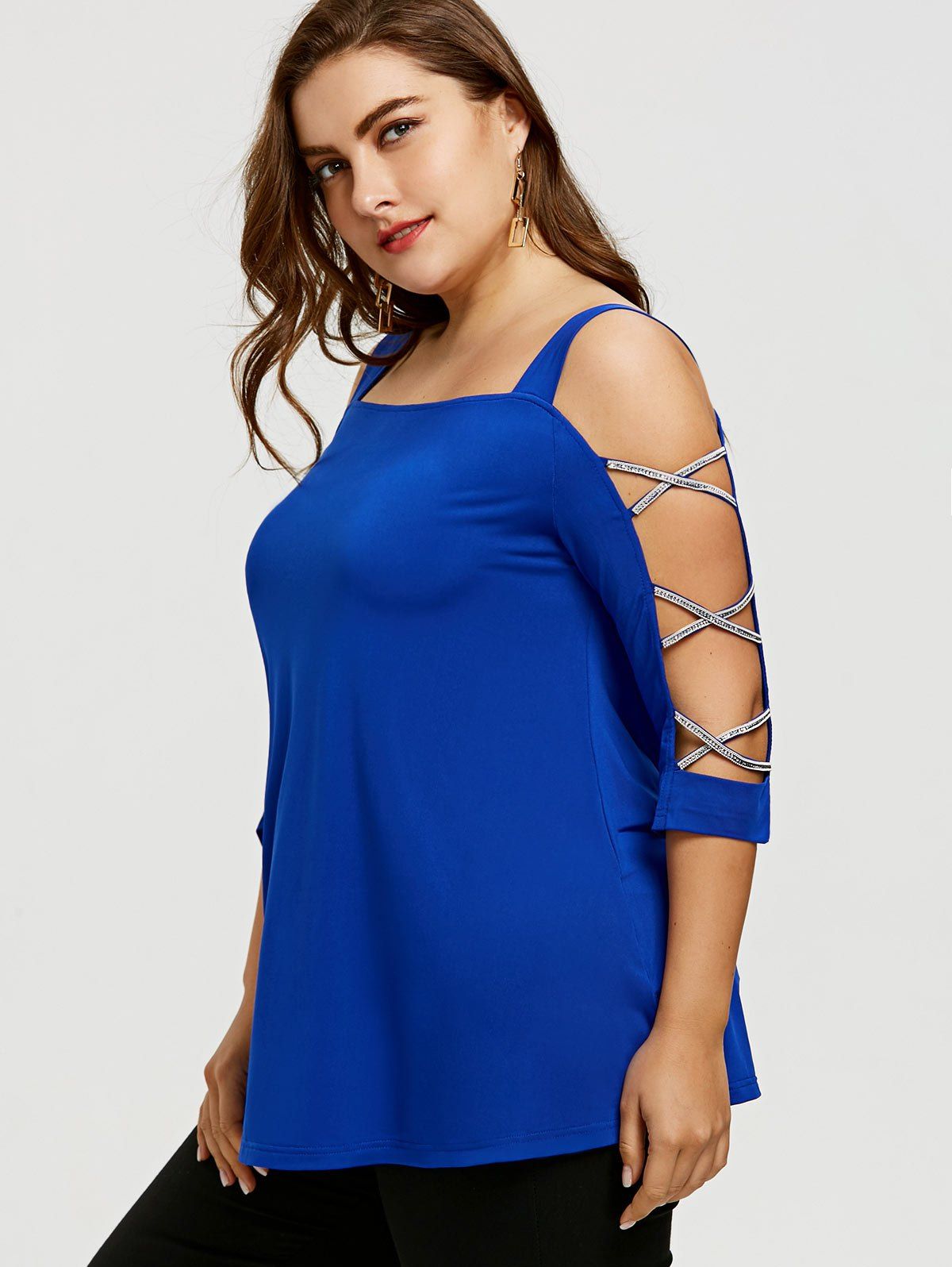 2018 Cut Out Cross Sleeve Plus Size T-shirt BLUE XL In T-shirts Online ...