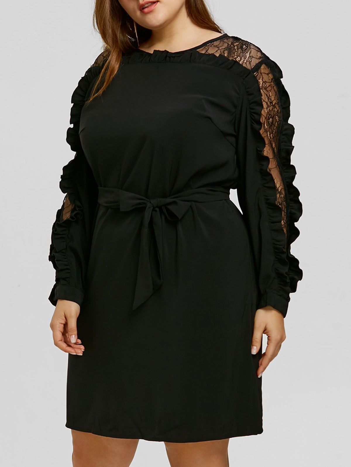 

Plus Size Lace Sleeve Ruffle Dress, Black