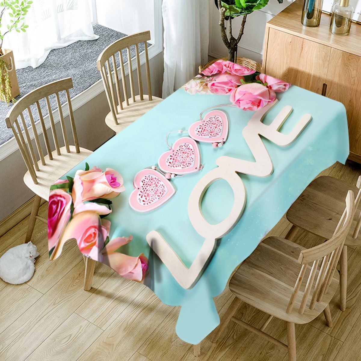 

Valentine's Day Roses Love Hearts Patterned Waterproof Table Cloth, Cloudy