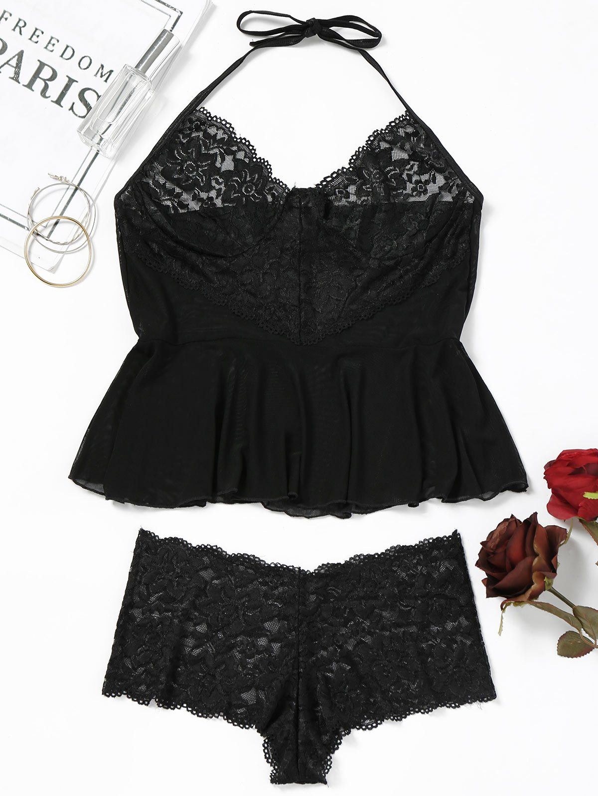 

Lace Insert Mesh Flounce Lingerie Set, Black