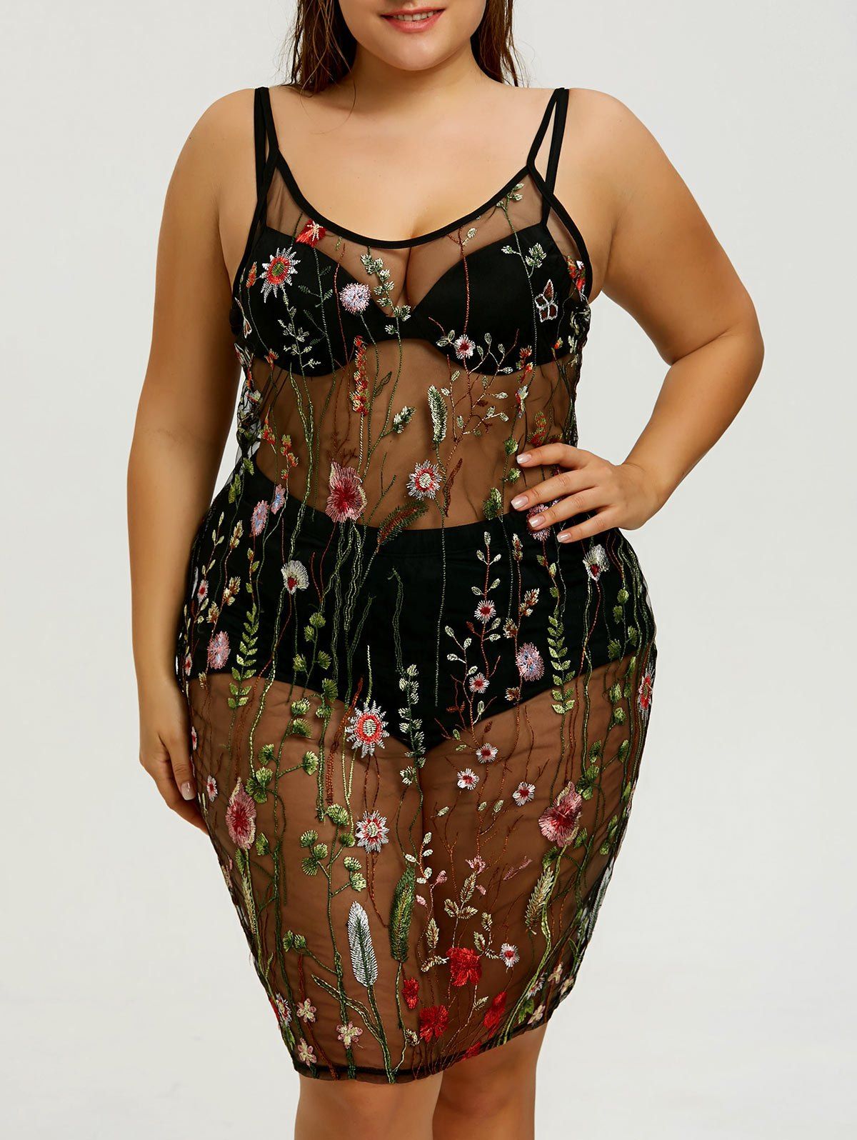 

Plus Size Sheer Embroidered Slip Cover-up Dress, Colormix