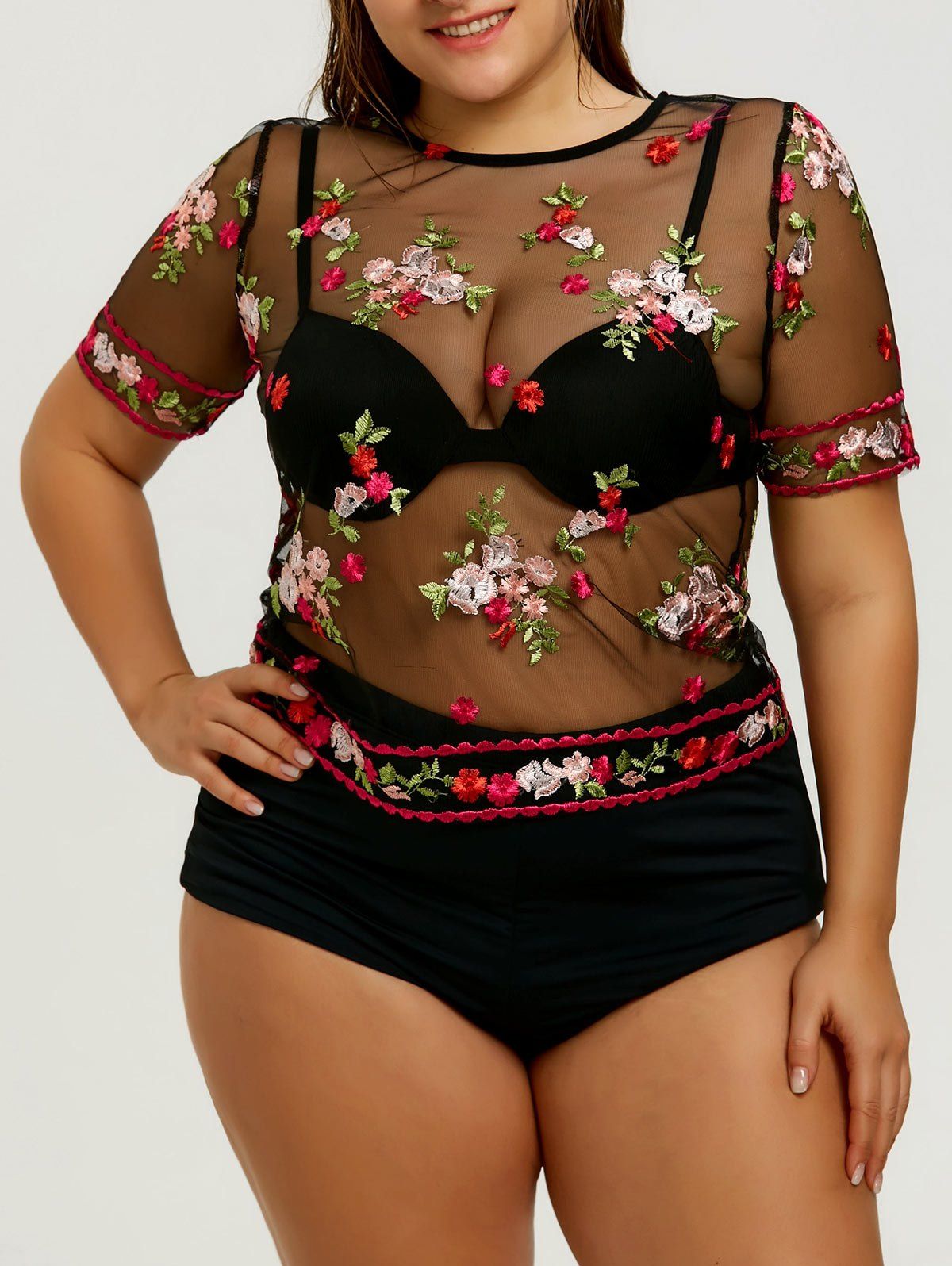 Plus Size Mesh Sheer Embroidered Cover Up - COLORMIX XL