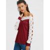 Long Sleeve Openwork Lace Panel T-shirt - WINE RED S