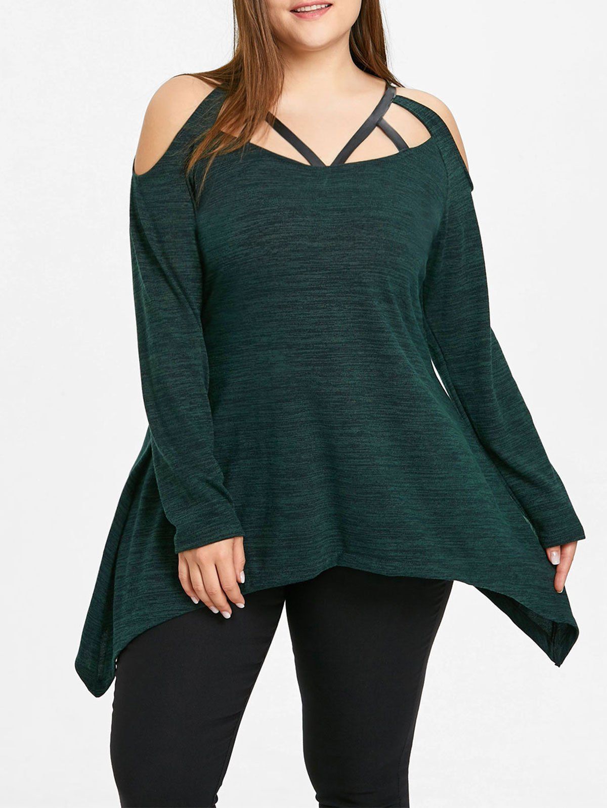 

Plus Size Asymmetric Strappy Blouse, Blackish green