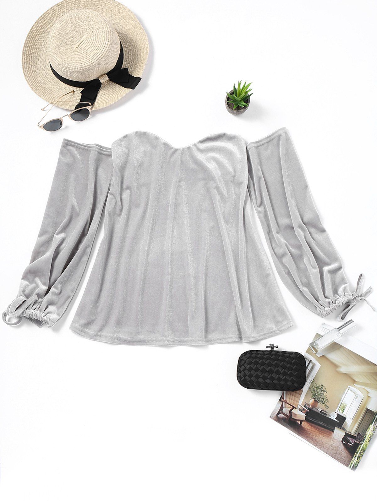 

Off Shoulder Bow Tied Velvet Blouse, Gray