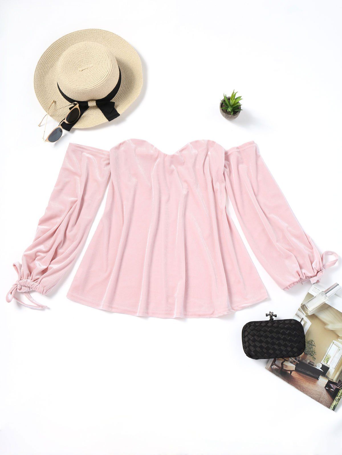 

Off Shoulder Bow Tied Velvet Blouse, Pink