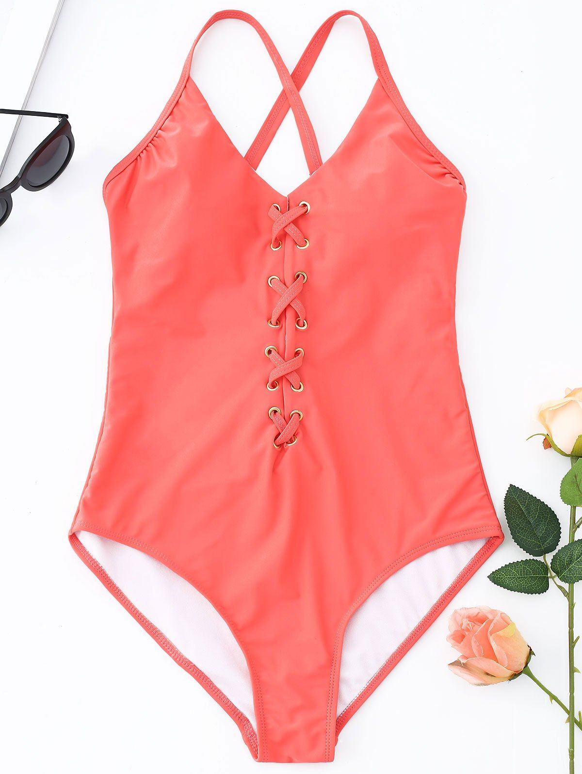 

Lace-up Crisscross Swimsuit, Watermelon red