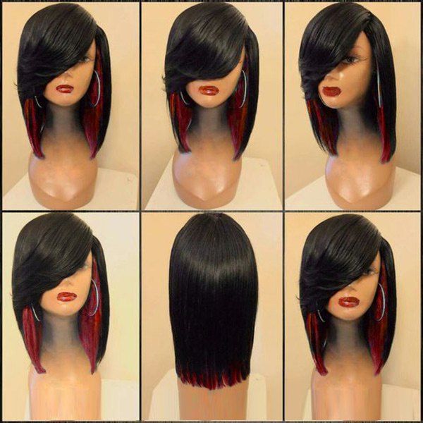 

Medium Side Parting Colormix Straight Feathered Synthetic Wig, Black&red
