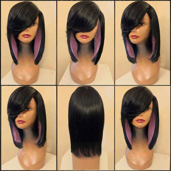 

Medium Side Parting Colormix Straight Feathered Synthetic Wig, Black and pink