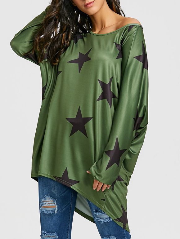 T-shirt Tunique Asymétrique Imprimé D'étoiles - Vert XL