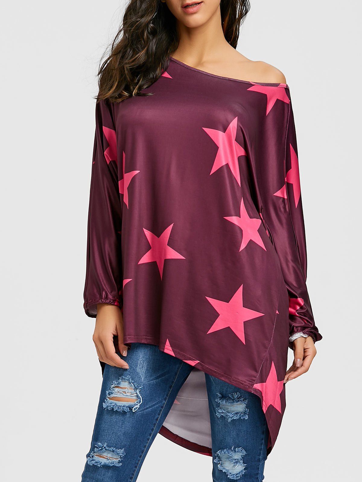 

Star Print High Low Oversized Tunic T-shirt, Wine red