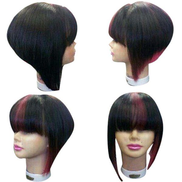 

Medium Colormix Full Bang Straight Inverted Bob Synthetic Wig, Red with black