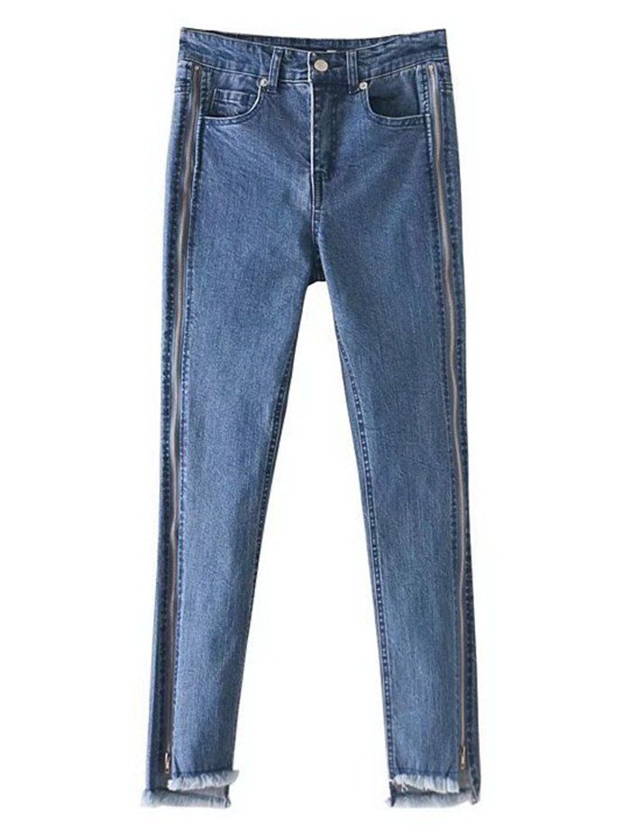 

Frayed Hem Zippered Pencil Jeans, Denim blue