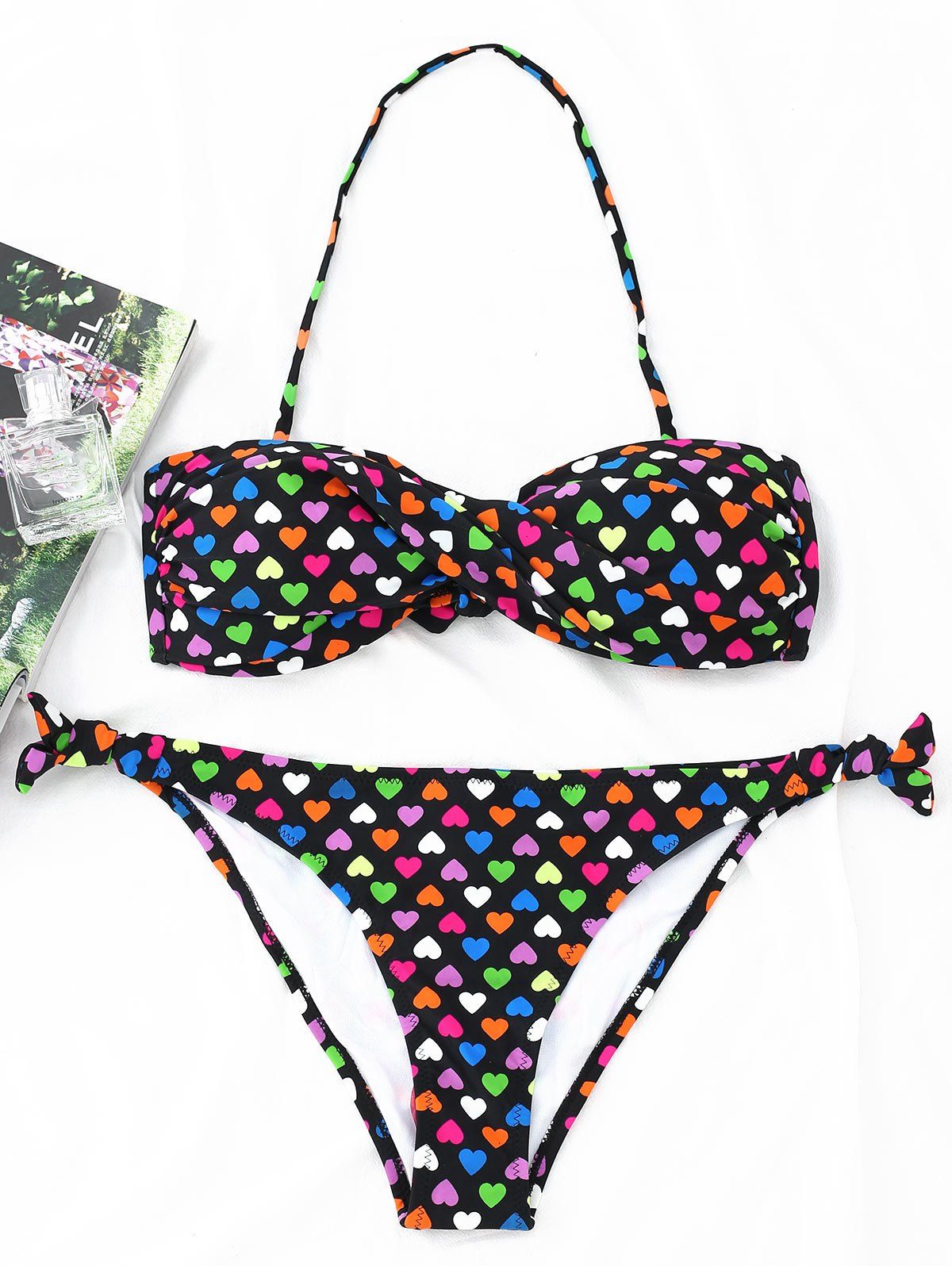 

Twist Bandeau Hearts Print Bikini Set, Black