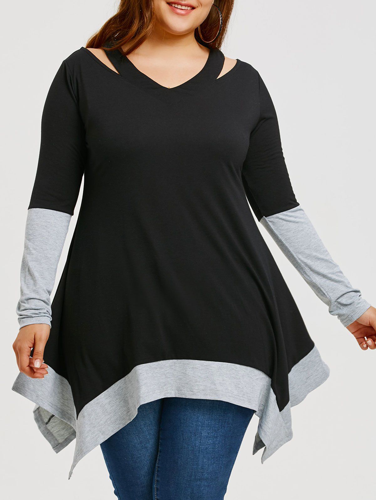 

Plus Size Cut Out Panel Handkerchief T-shirt, Black