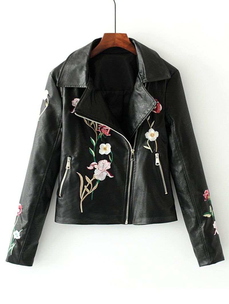 

Floral Embroidered Faux Leather Biker Jacket, Black