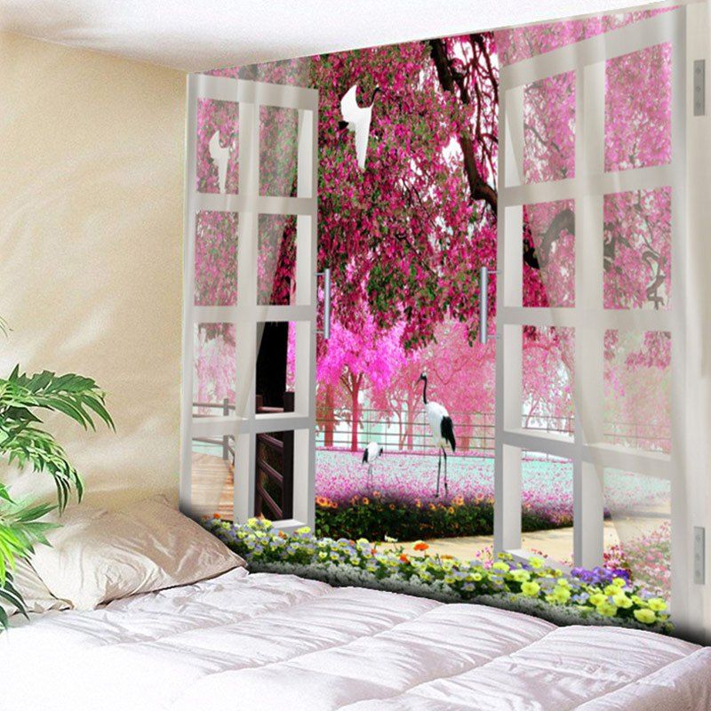 

Window Flower Tree Pattern House Decor Wall Hanging Tapestry, Purplish red