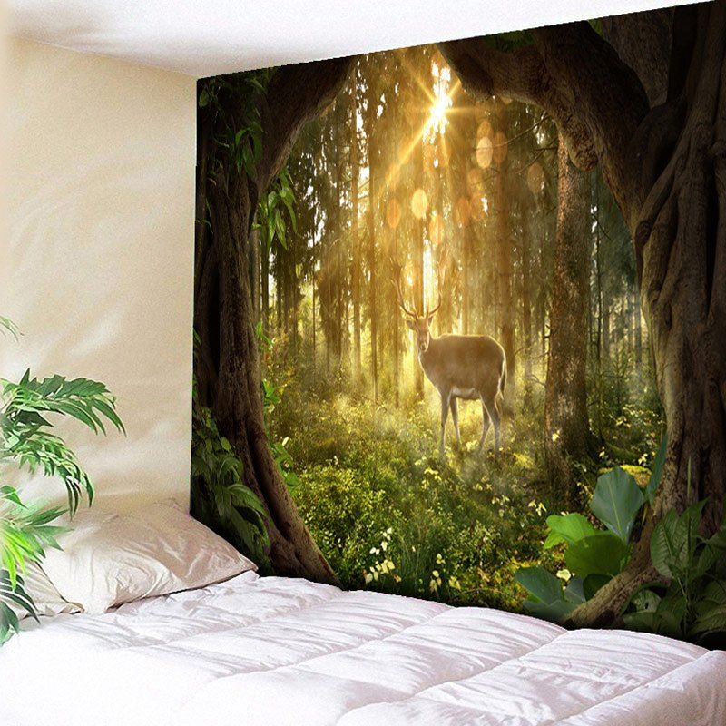 

Forest Sunrise and Elk Print Decorative Wall Hanging Tapestry, Green