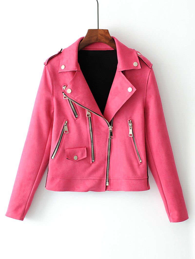 

Faux Suede Zip Up Motorcycle Jacket, Rose red