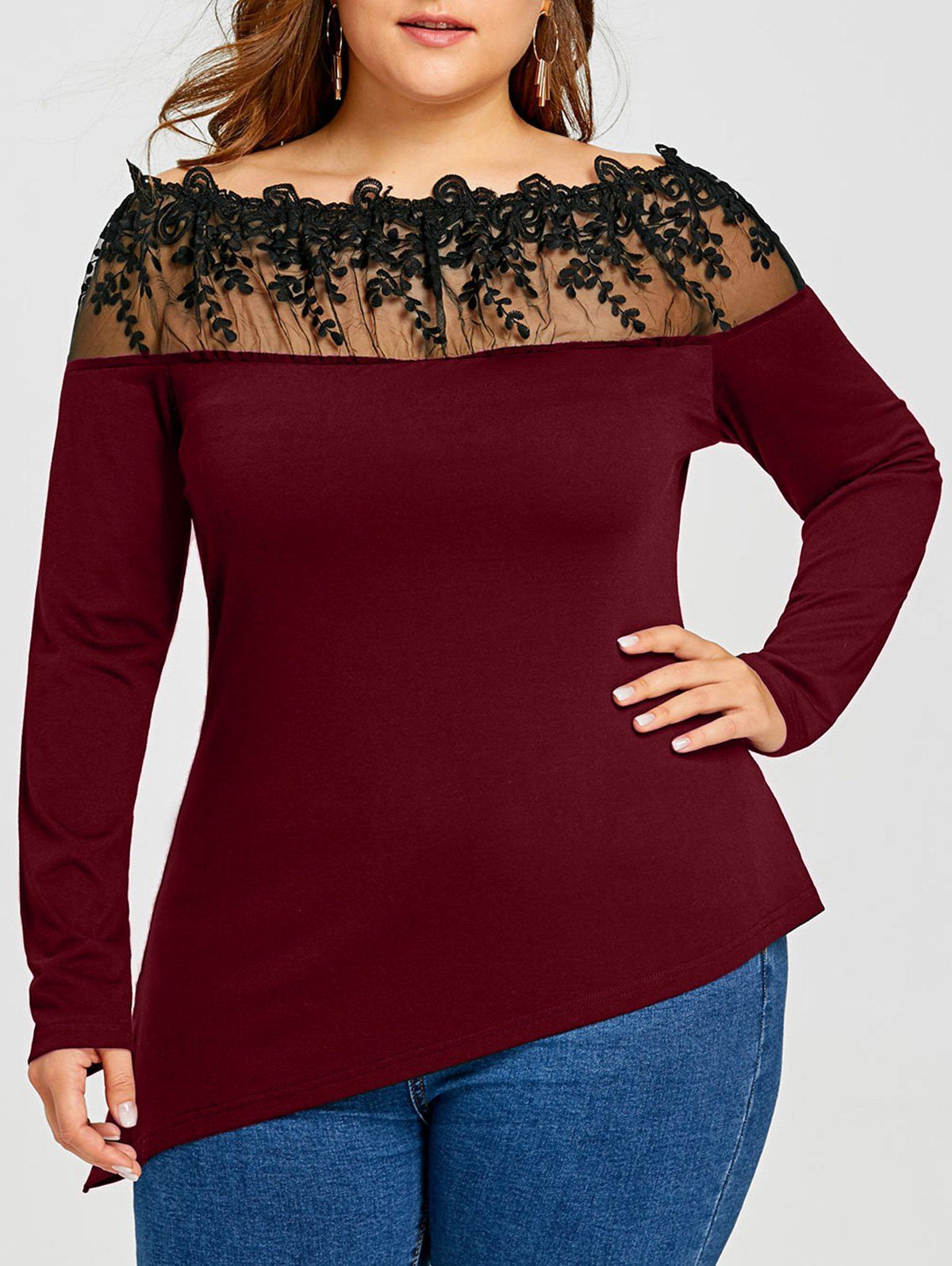 

Plus Size Asymmetric Sheer Embroidered Long Sleeve T-shirt, Wine red