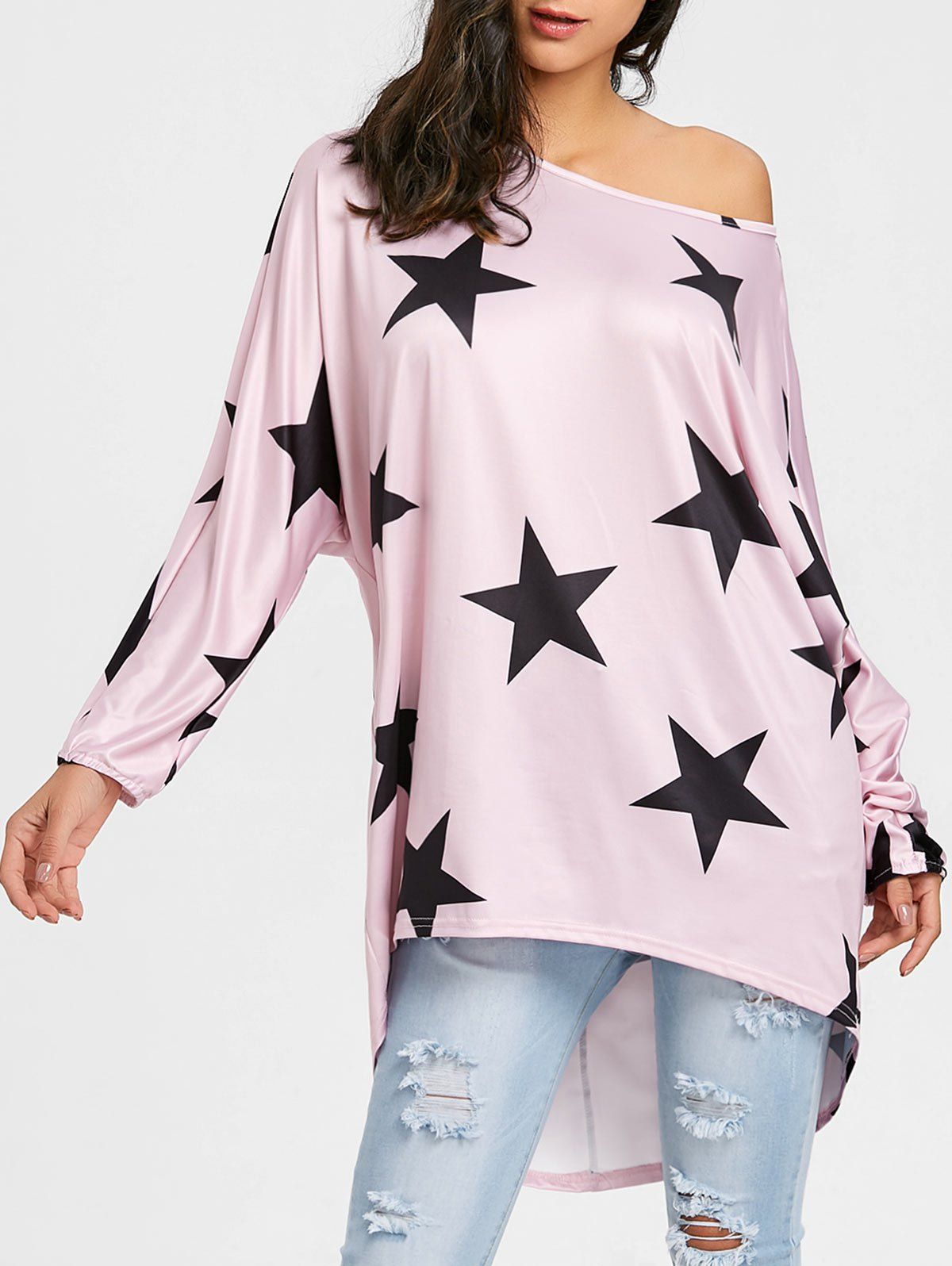 

Star Print High Low Oversized Tunic T-shirt, Pink