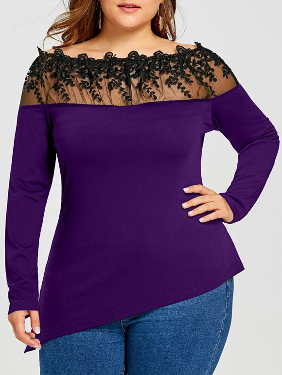 T-shirt Asymmetrique à Haut en Tulle Brodée Grande Taille - Violet Foncé XL