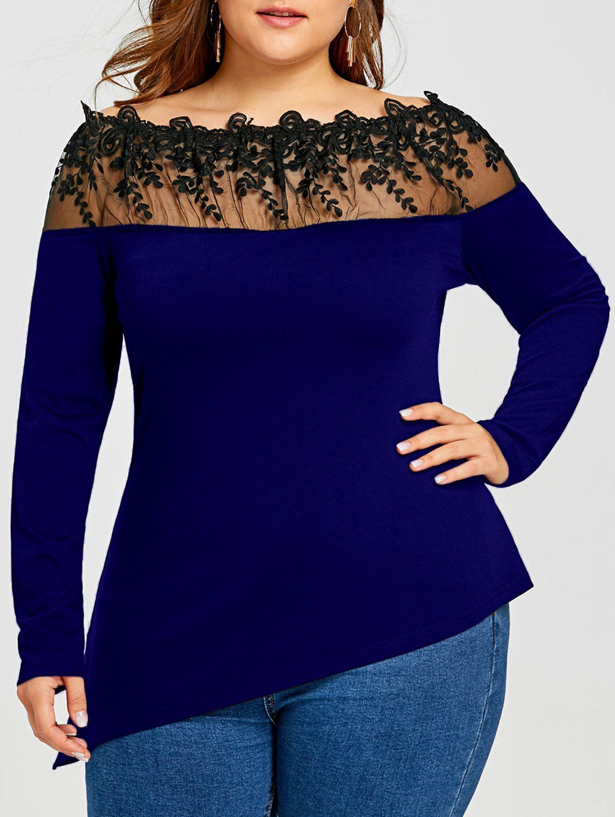 

Plus Size Asymmetric Sheer Embroidered Long Sleeve T-shirt, Deep blue