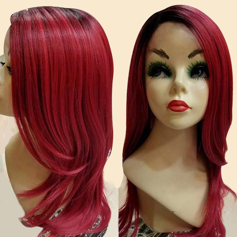 

Long Side Parting Slighty Curly Ombre Synthetic Wig, Red with black