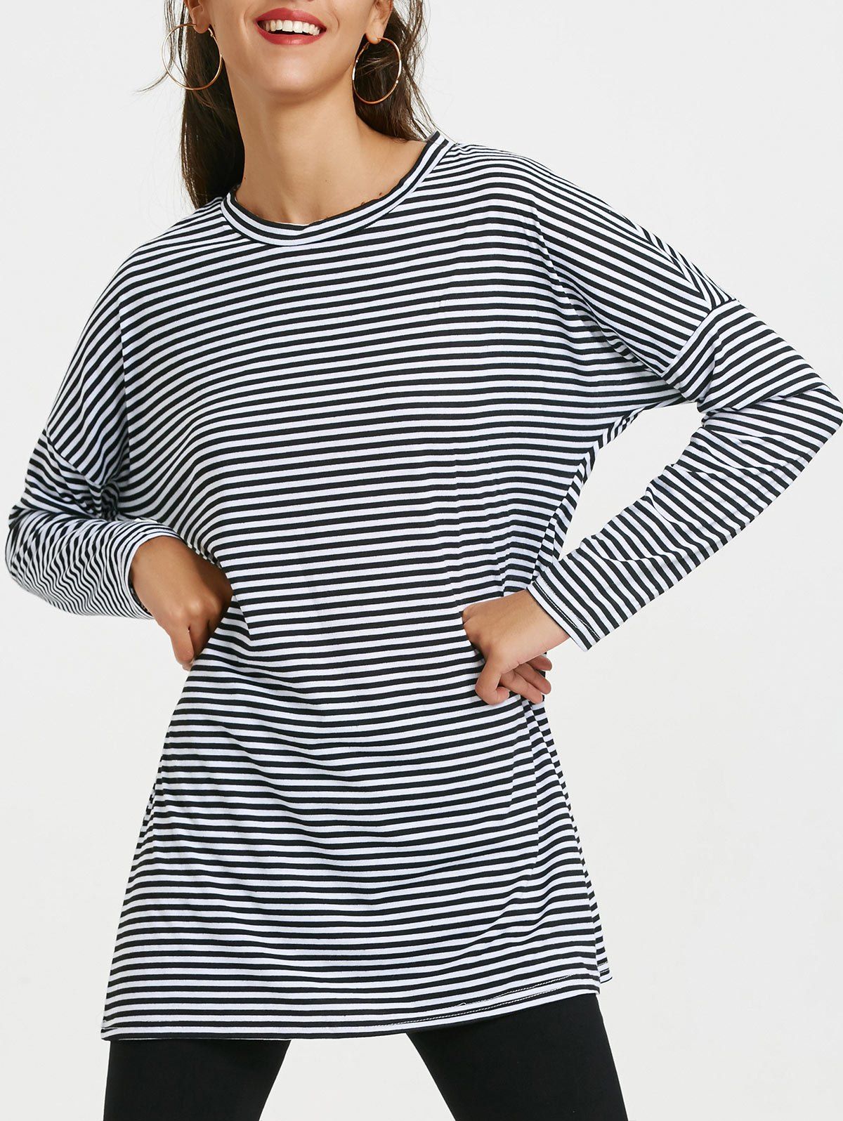 

Long Sleeve Drop Shoulder Striped T-shirt, White and black