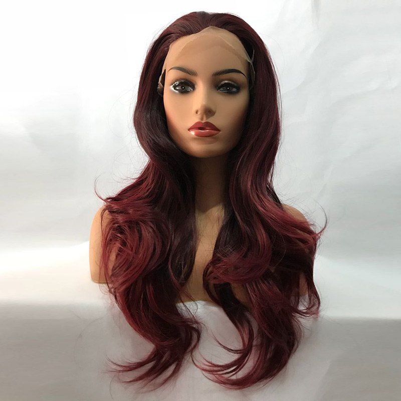 

Free Part Long Wavy Synthetic Lace Front Wig, Wine red