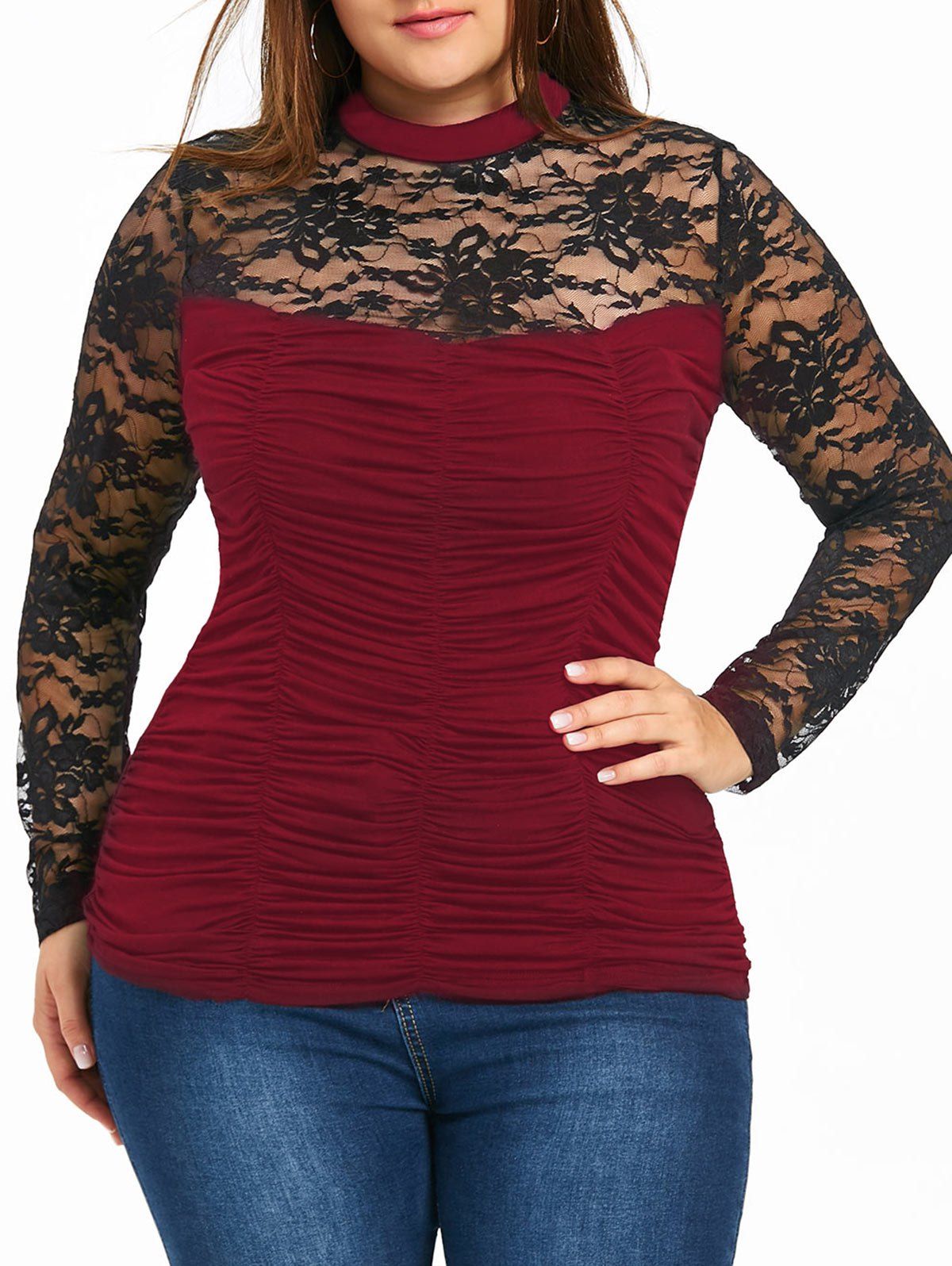 

Plus Size Sheer Mock Neck Smocked Top, Wine red