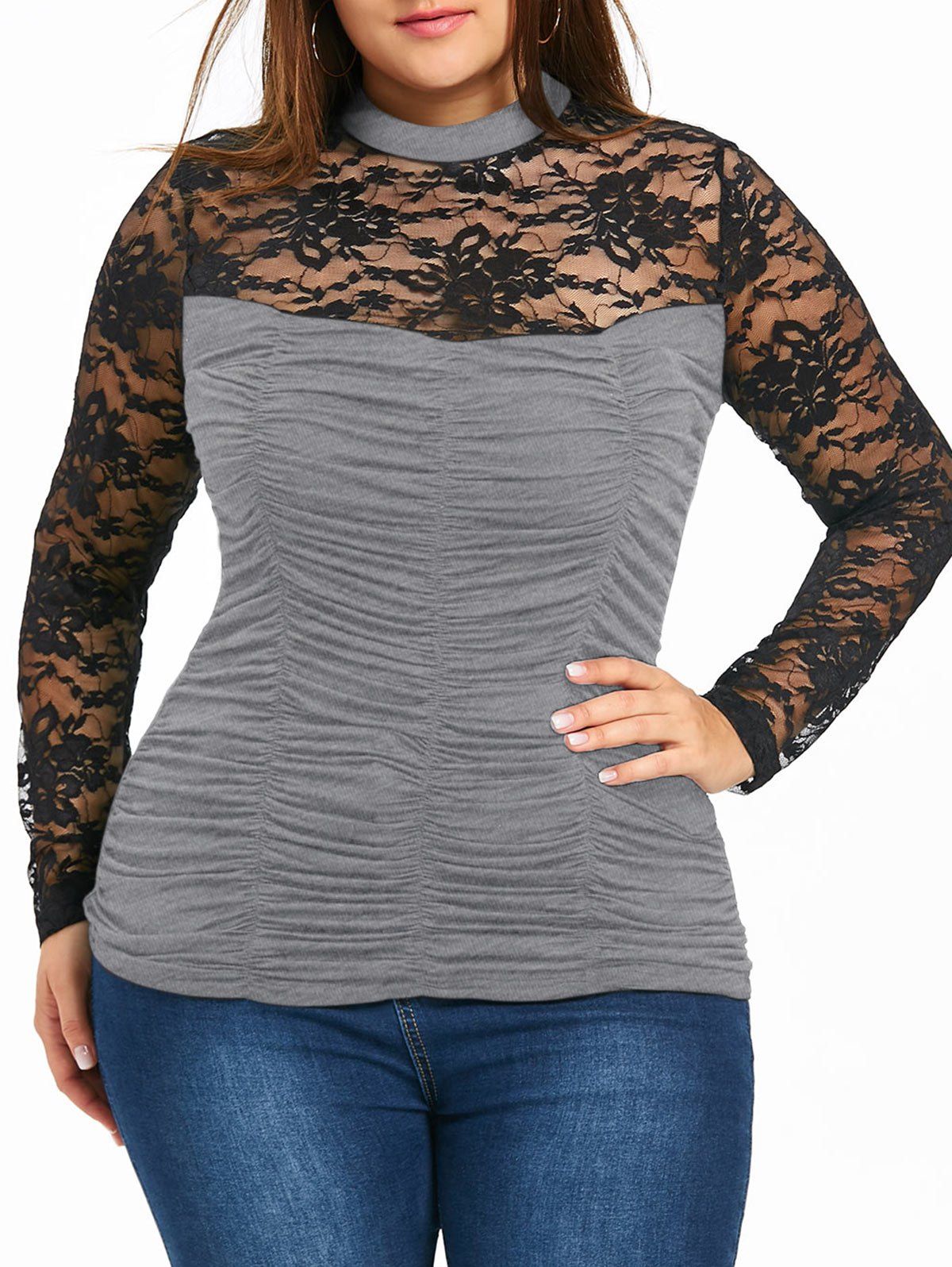 

Plus Size Sheer Mock Neck Smocked Top, Heather gray