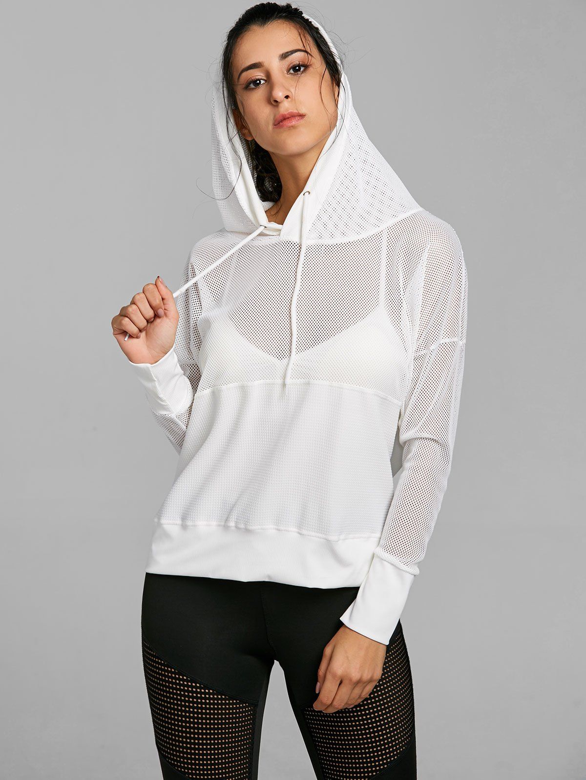 

Drop Shoulder Mesh Insert Hooded Sports Top, White