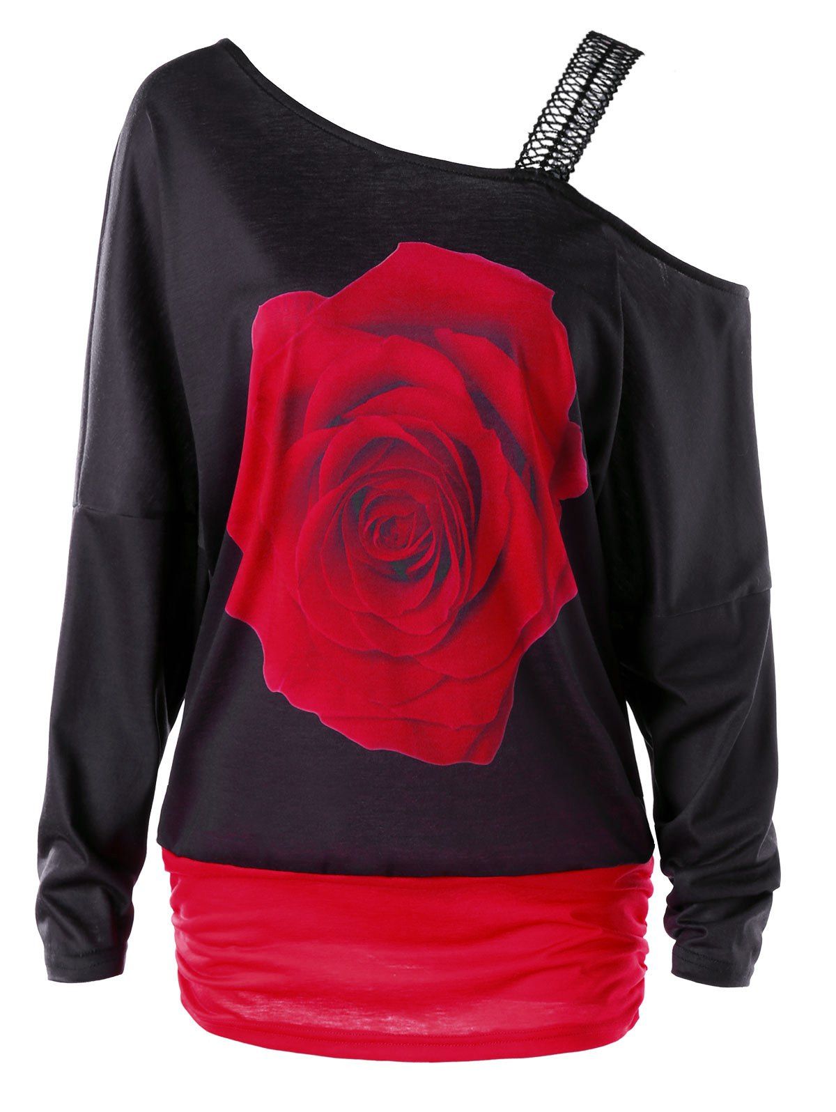 Rose Print Cold Shoulder T-shirt, Black