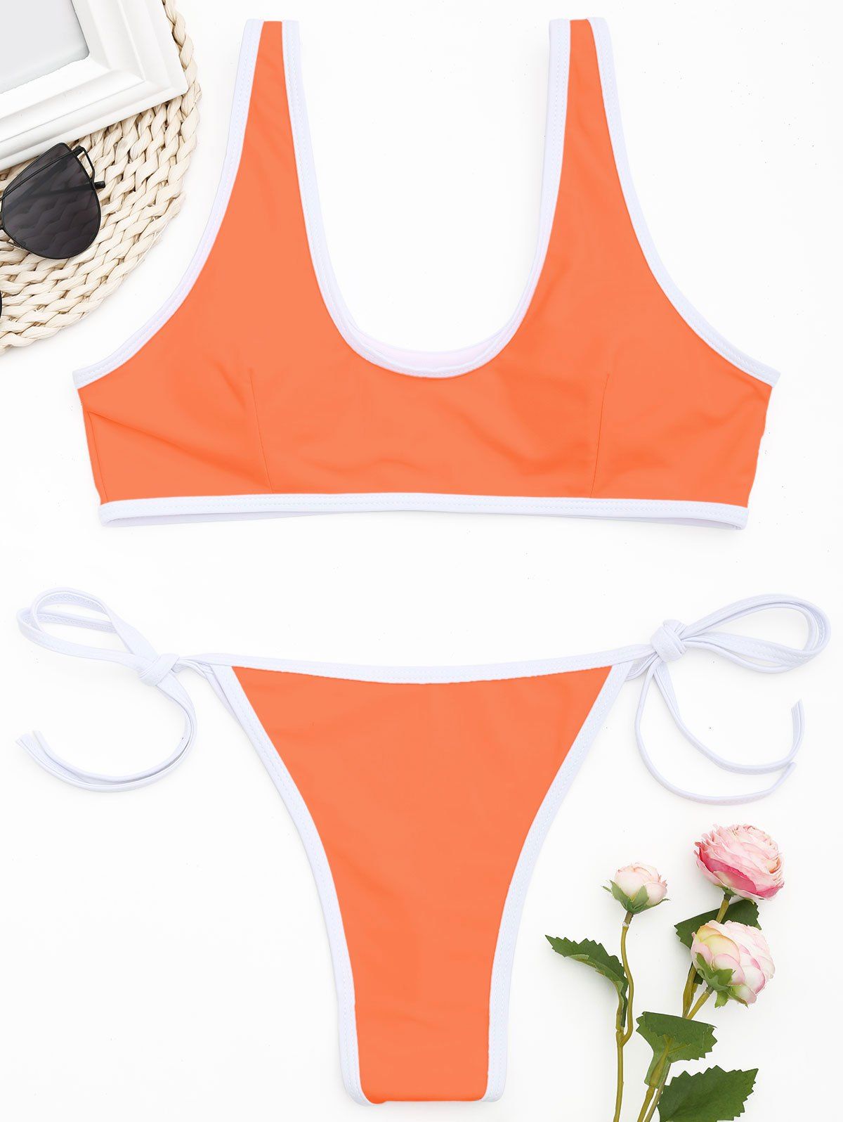 

Contrast Trim Tied Thong Bikini Set, Fluorescent orange